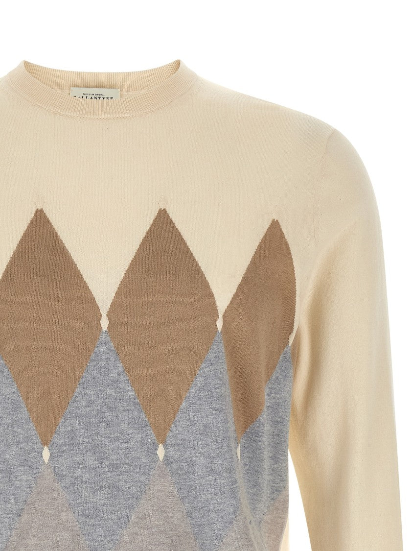 Ballantyne Cashmere And Cotton Blend Argyle Sweater With Ribbed Hem