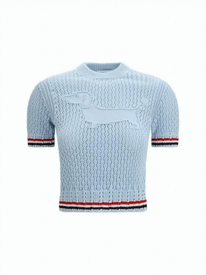 Thom Browne Short-Sleeve Cropped Knit Top With Dachshund Motif