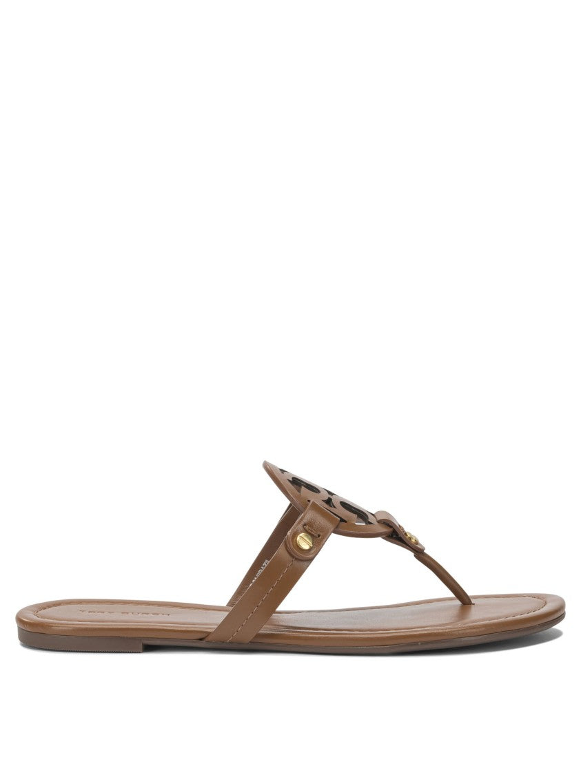 Tory Burch Brown Leather Sandals With Cut-Out Emblem
