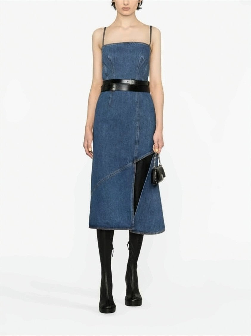 Alexander Mcqueen Structured Denim Long Dress With Slit