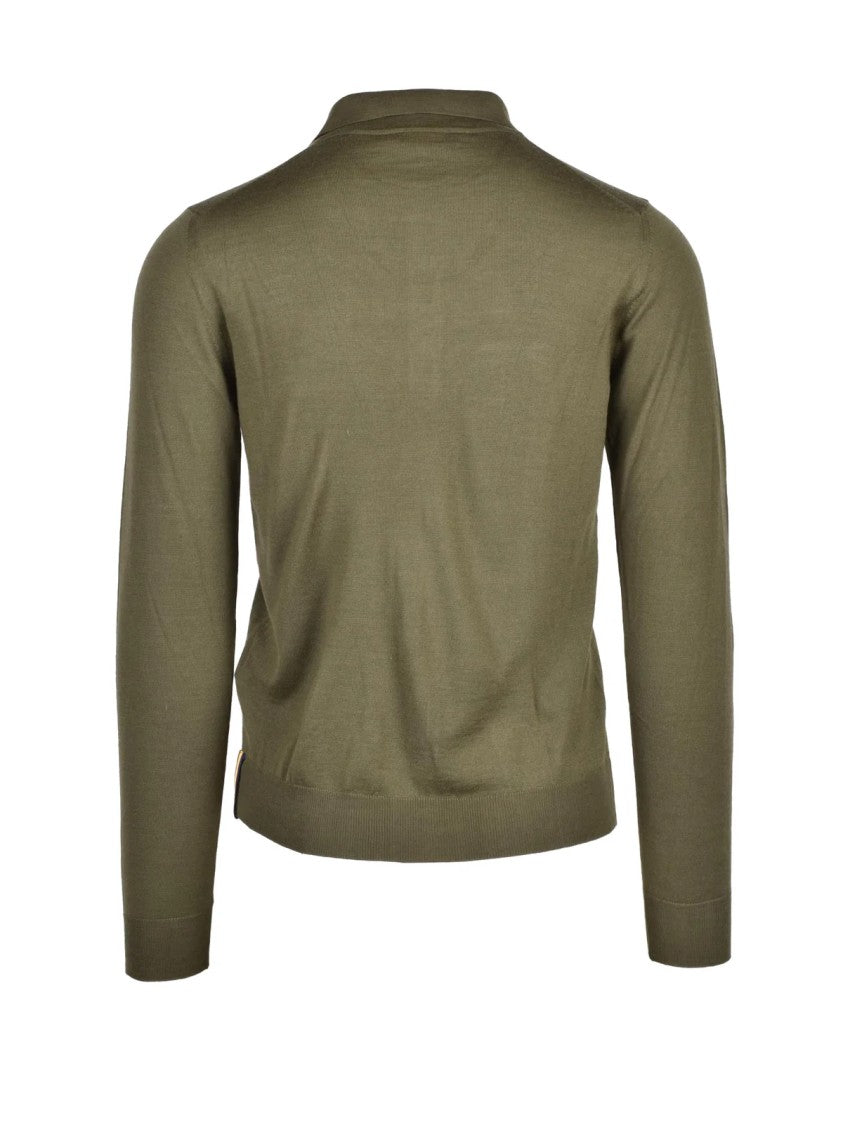 K-Way Military Green Long Sleeve Virgin Wool-Blend Polo Shirt