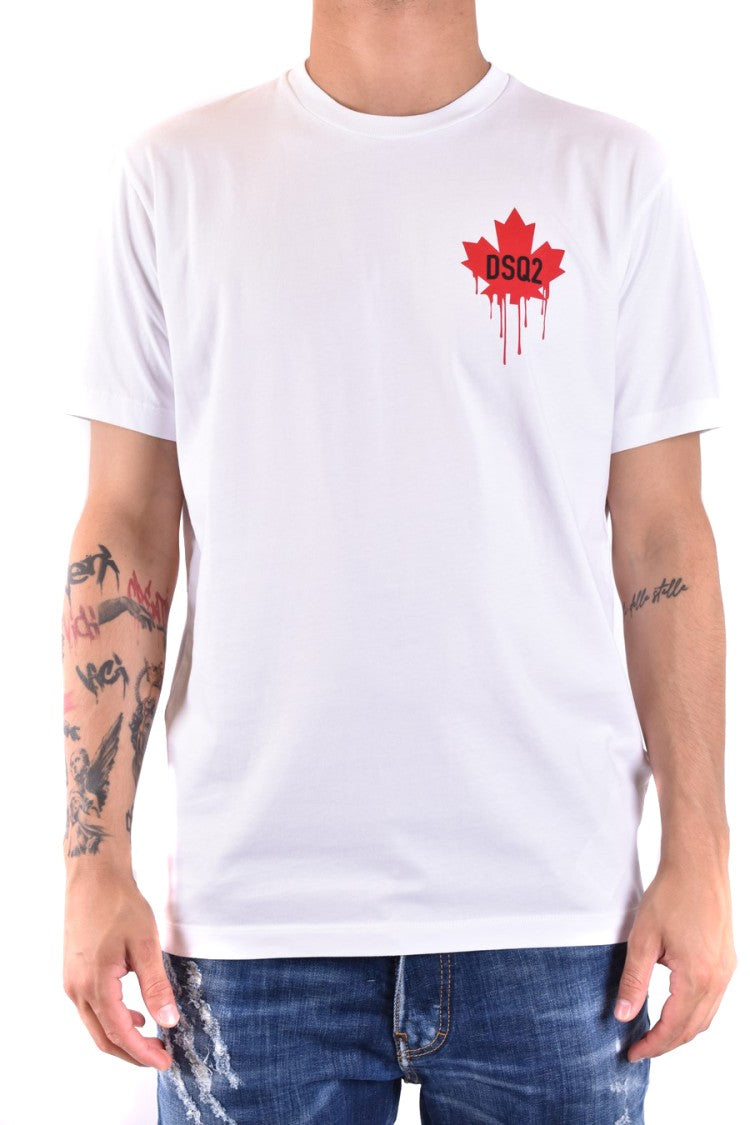 Dsquared2 White Cotton T-Shirt With Bold Maple Leaf Graphic