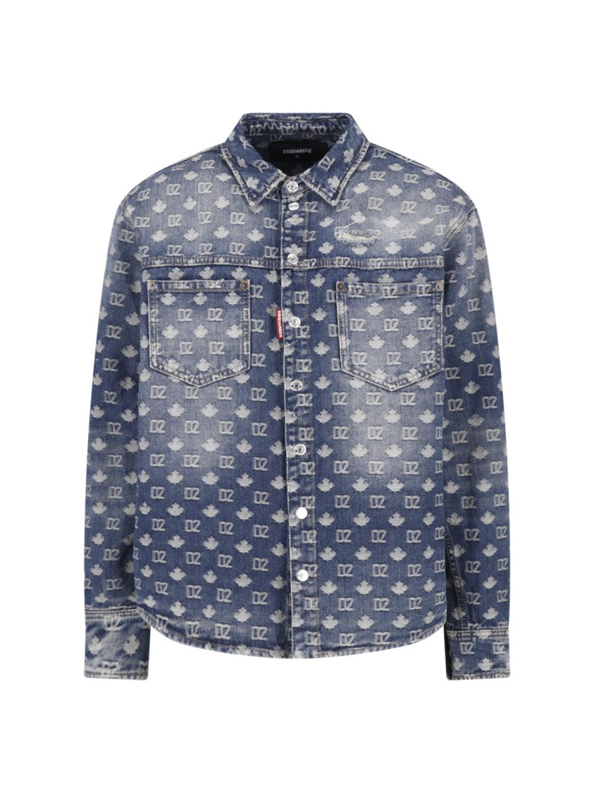 Dsquared2 Worn Wash Denim Shirt With All-Over Monogram Design