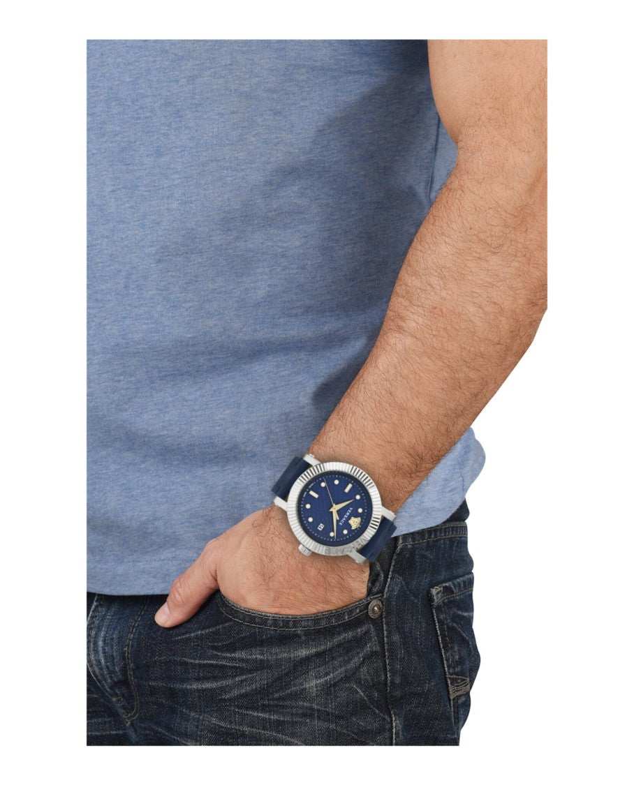 Versace Versace V-Classic Leather Watch With Blue Guilloche Dial