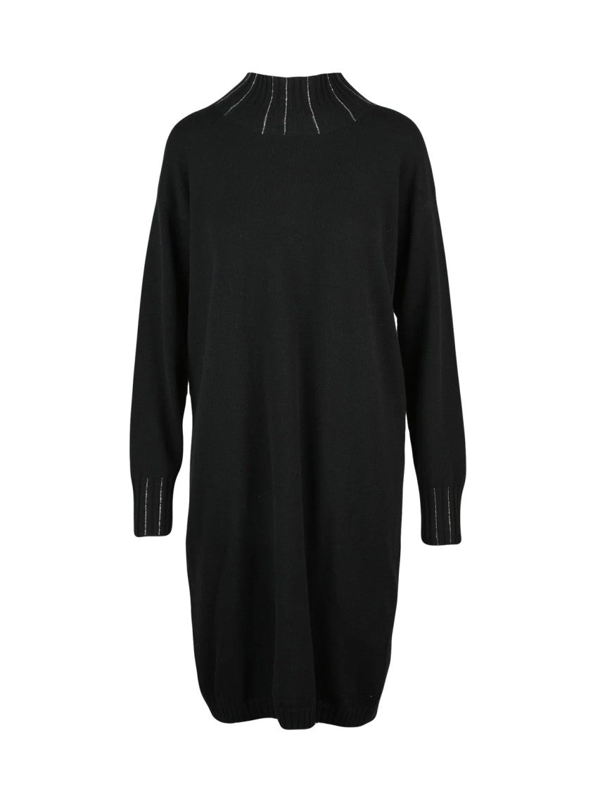 Fabiana Filippi Black Virgin Wool-Blend High-Neck Knit Midi Dress