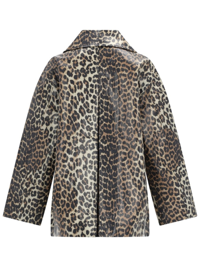 Ganni Glossy Laminated Animal Print Hemp-Blend Jacket