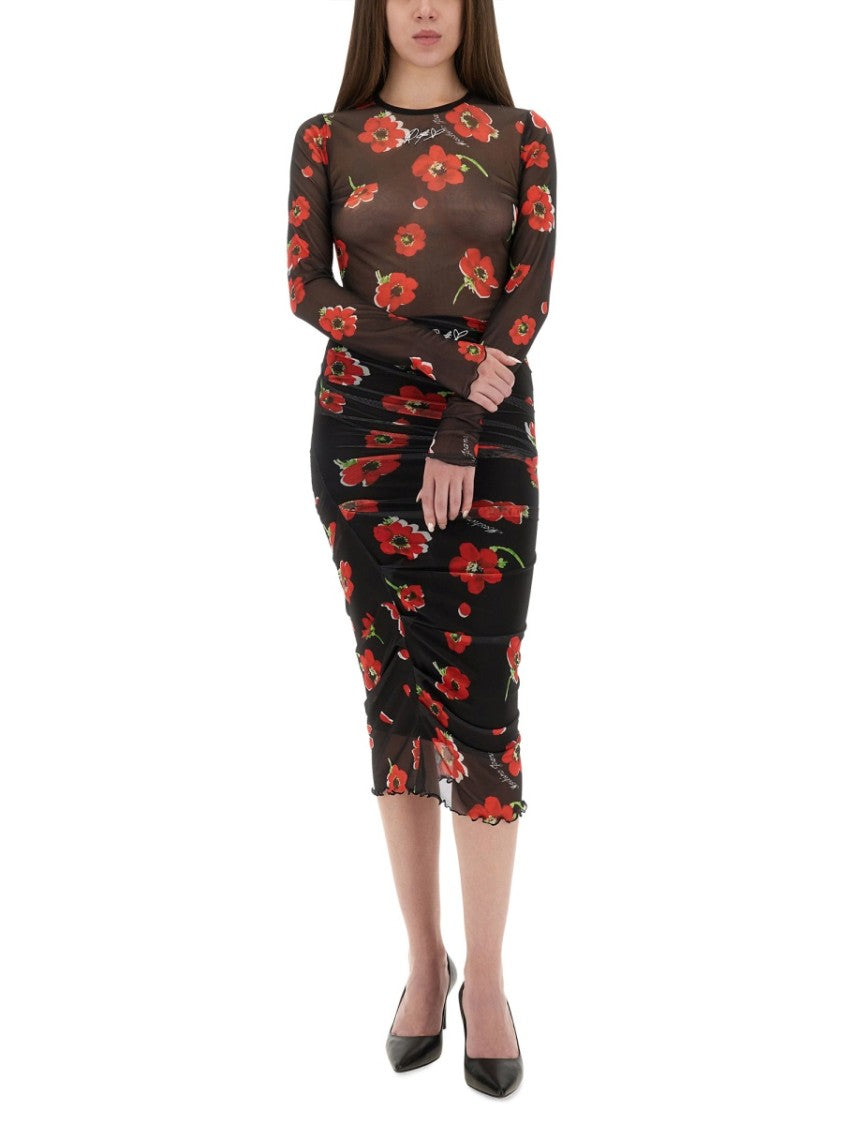 Moschino Scalloped Hem Floral Mesh Midi Skirt