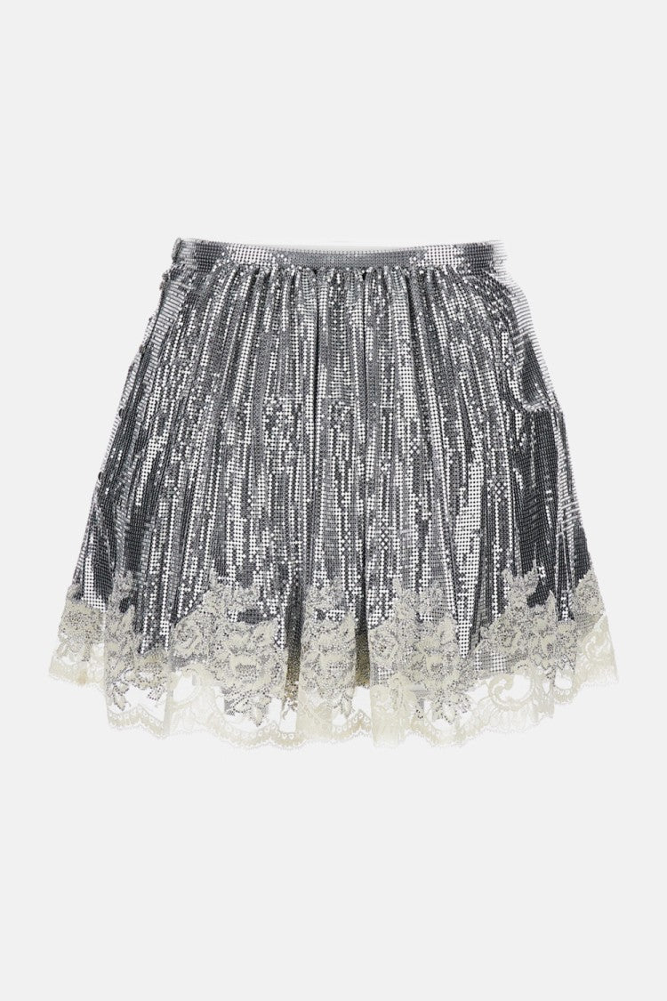 Rabanne Metallic Mesh Mini Skirt With Lace Trim