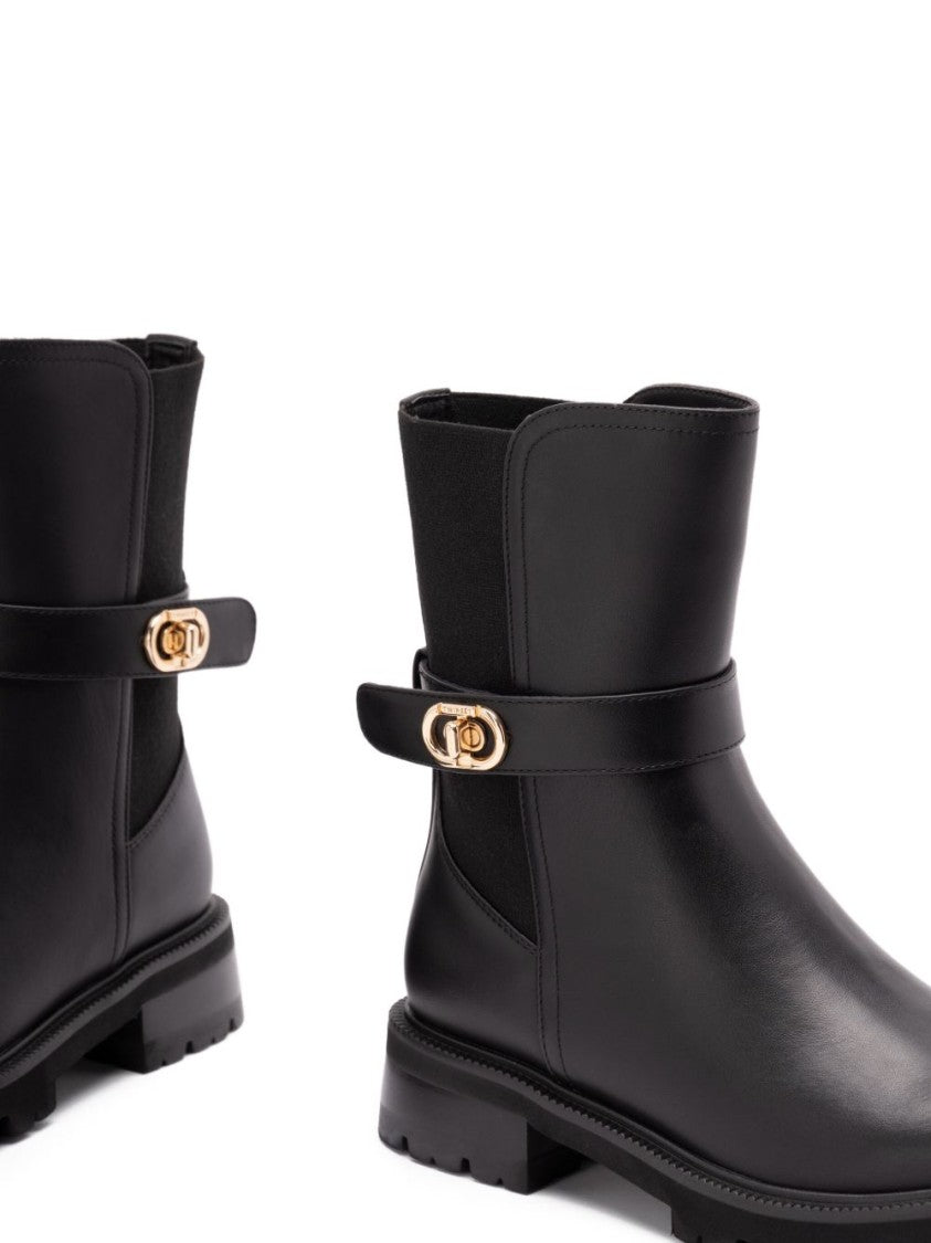 Twin-Set Smooth Leather Ankle Boots With Gold-Tone Buckle Accents