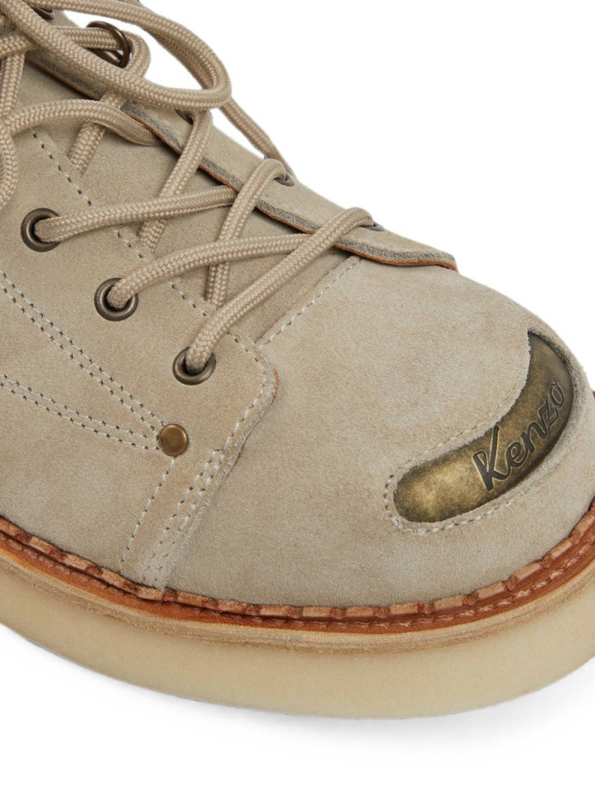 Kenzo Beige Suede Shoes With Metallic Toe Cap And Lace-Up Closure