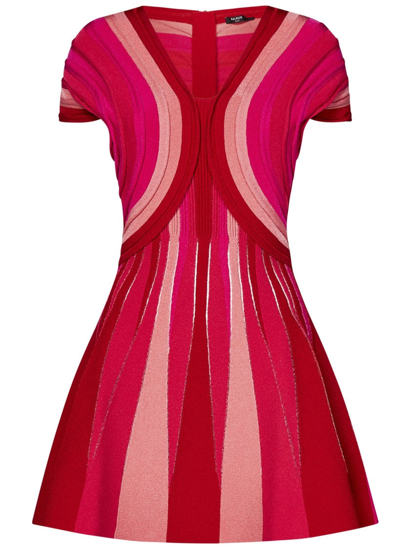 Balmain Tricolor Flared Mini Dress With Ribbed Details