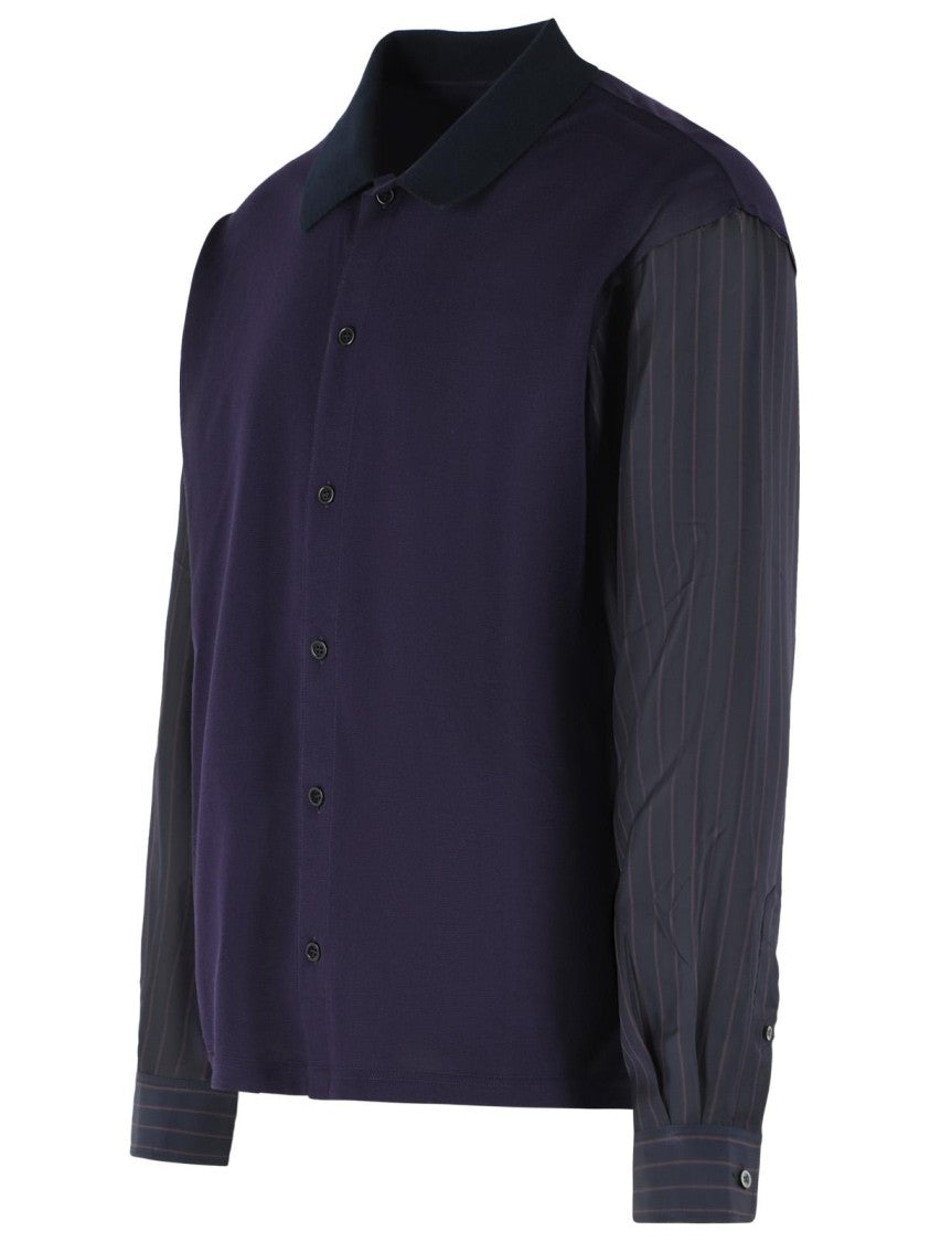 Maison Margiela Ribbed Polo Cotton Shirt With Cupro Striped Sleeves