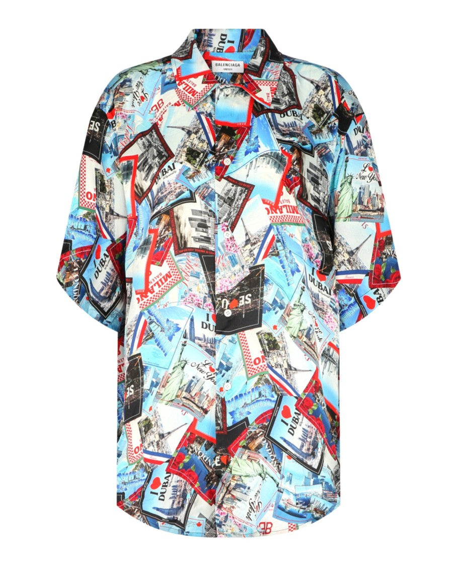 Balenciaga Postcard Print Silk Short-Sleeve Shirt