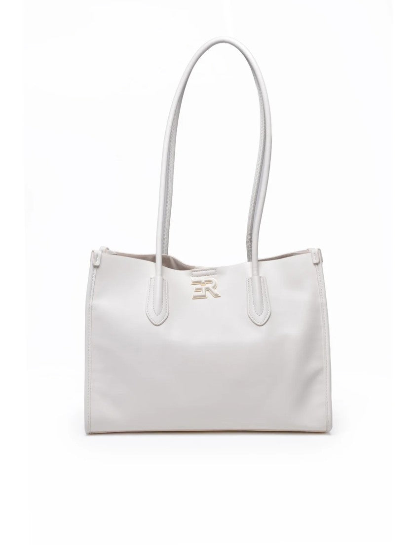 Ermanno Firenze Compact White Tote Bag With Clip Closure And Metallic Detail