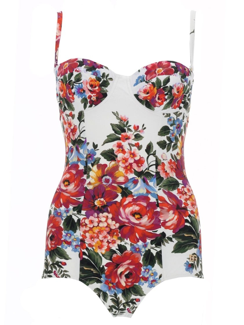 Dolce & Gabbana White Floral Print Underwire Cups One-Piece Swimsuit