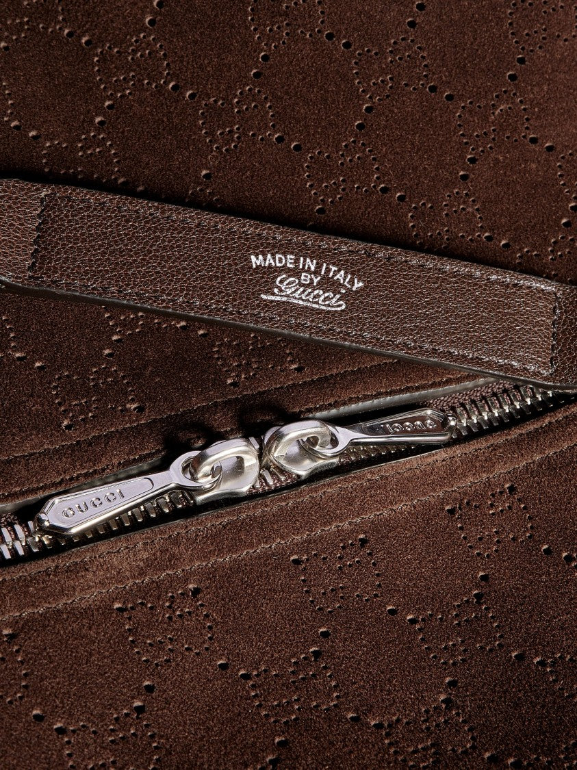 Gucci Perforated Dark Brown Suede Crossbody Bag With Palladium Hardware