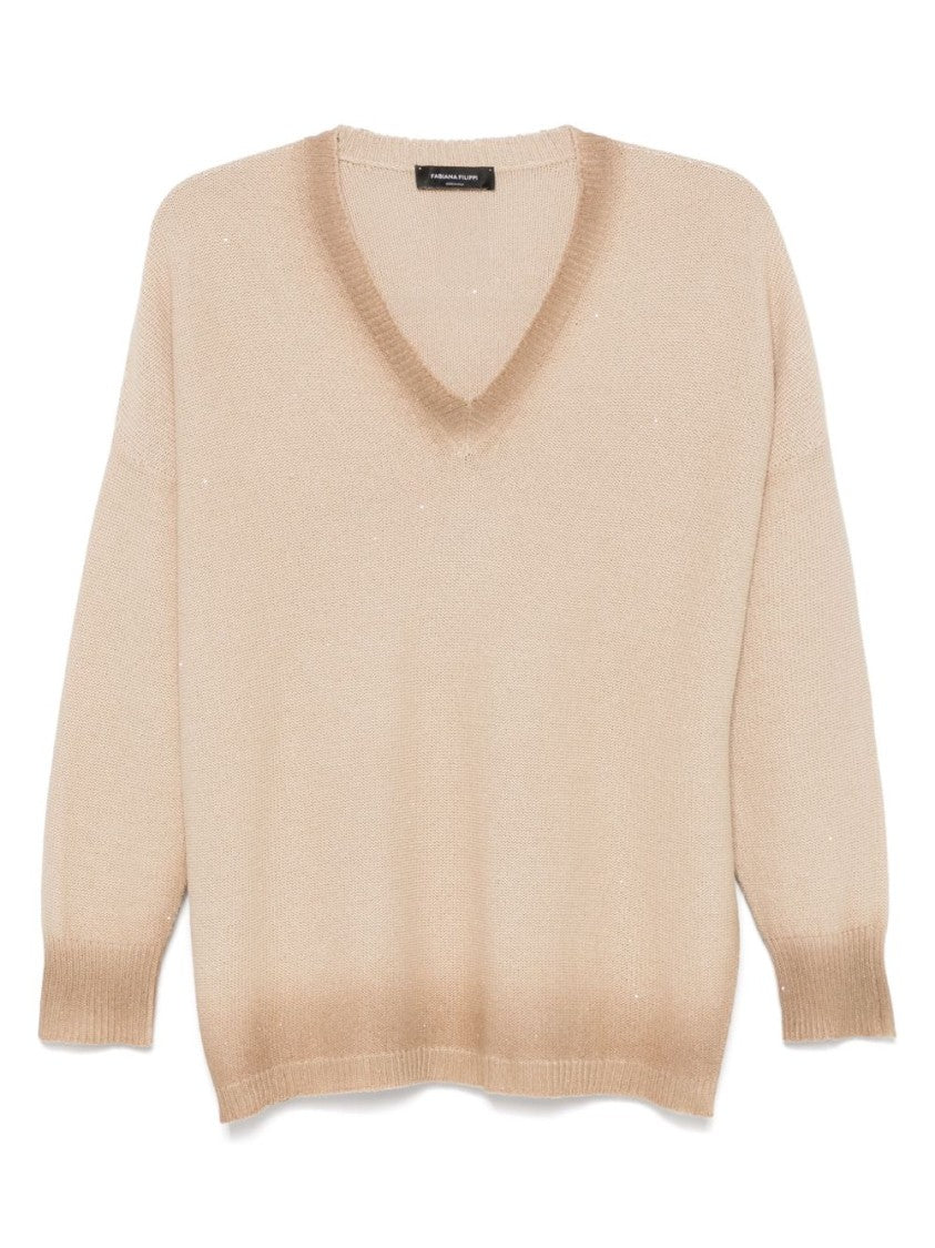 Fabiana Filippi Deep V-Neck Beige Sweatshirt With Relaxed Fit