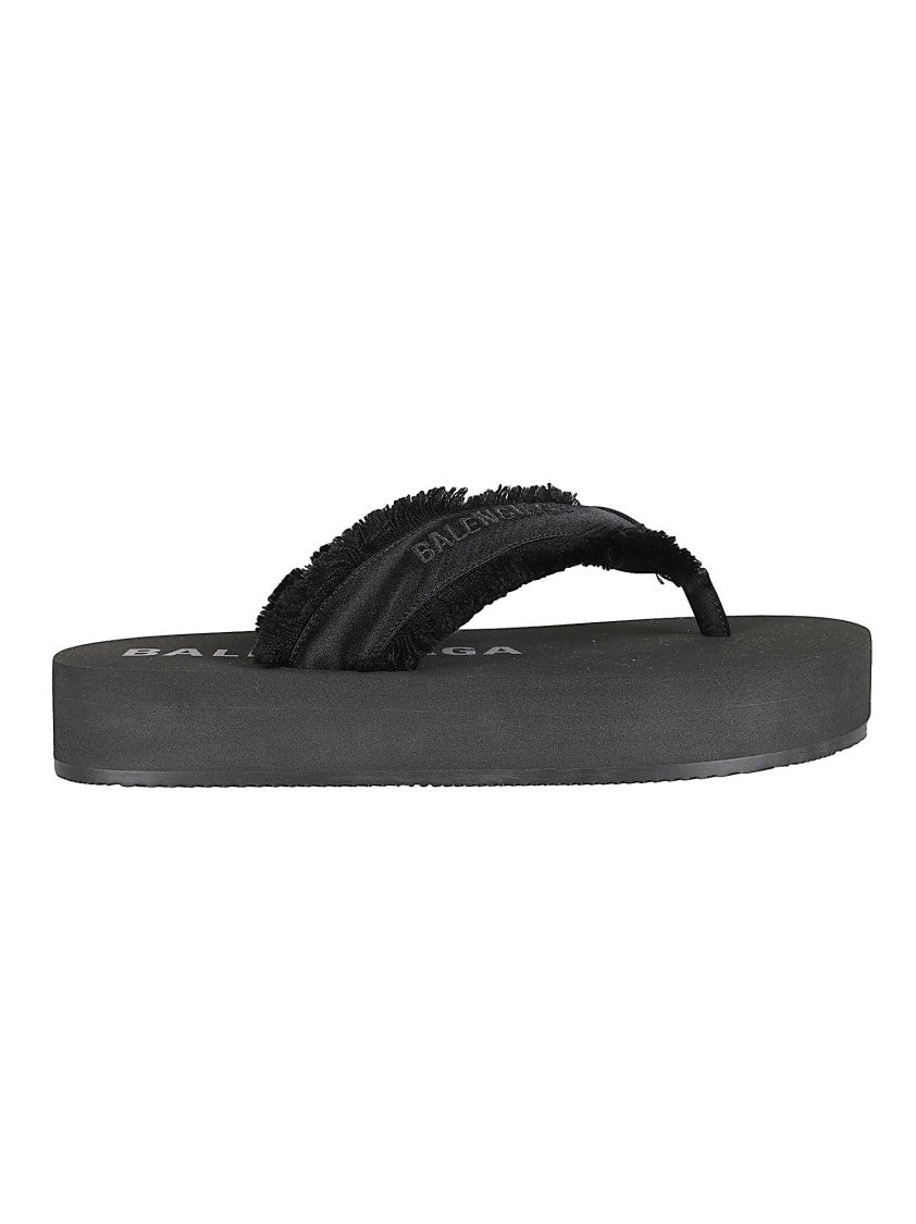 Balenciaga Fringed Fabric Black Sandals With Cushioned Footbed
