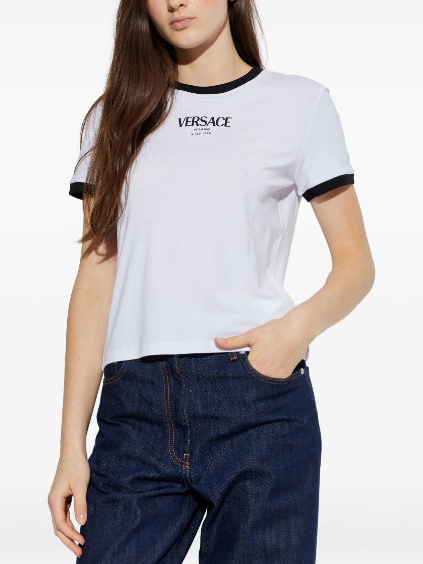 Versace White Cropped Viscose Contrast Trim T-Shirt