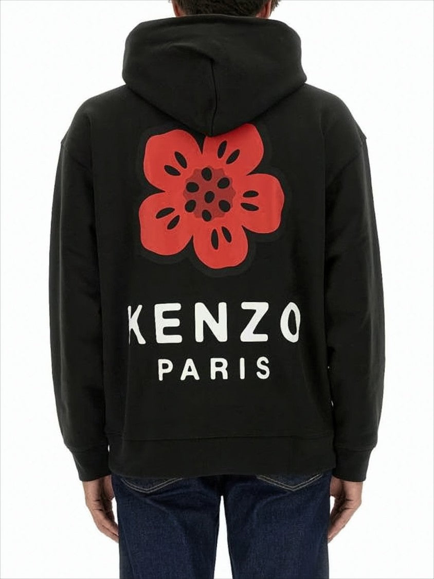 Kenzo Black Hoodie With Kangaroo Pocket And Floral Graphics