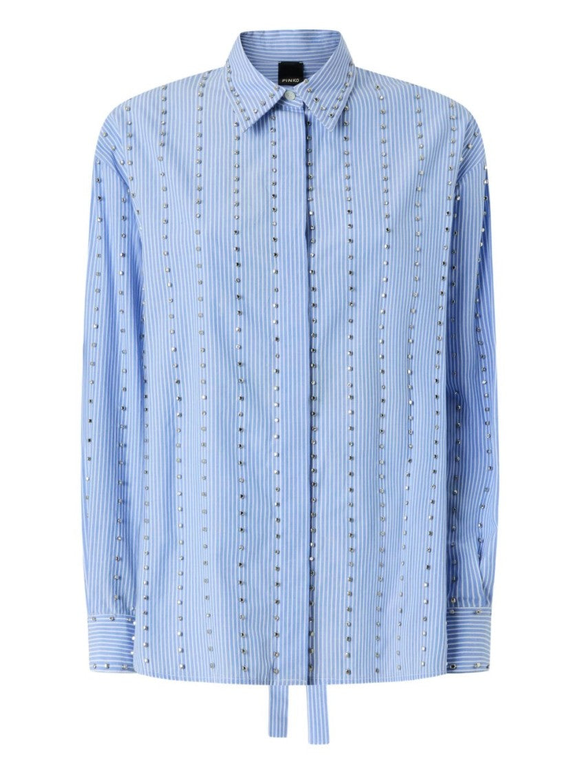 Pinko Light Blue Pinstriped Shirt With Adjustable Belt And Buttoned Cuffs