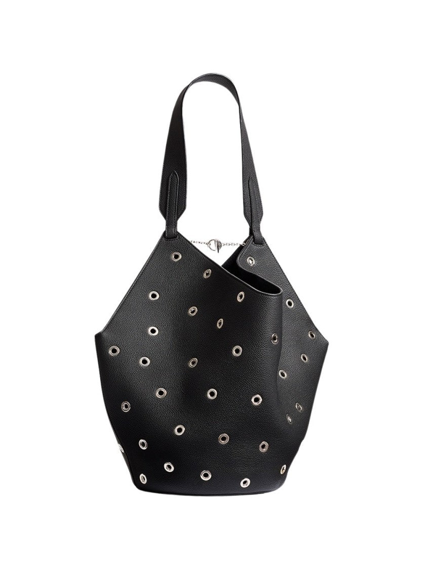 Khaite Lotus Small Tote Black Pebbled Leather With Grommets