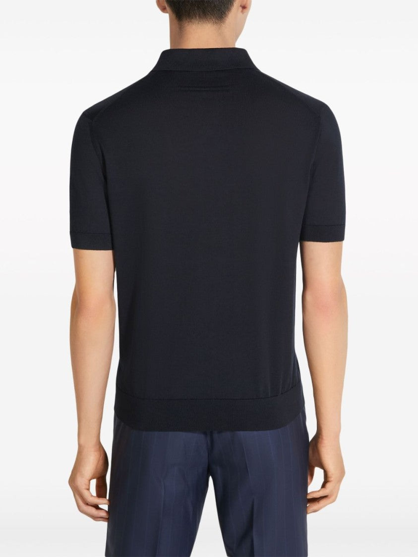 Ermenegildo Zegna Midnight Blue Cotton Polo Shirt With Ribbed Trim And Button Placket