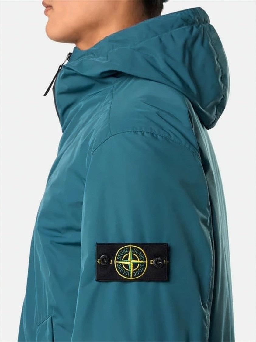 Stone Island Hooded Blue Padded Jacket With Distinctive Logo