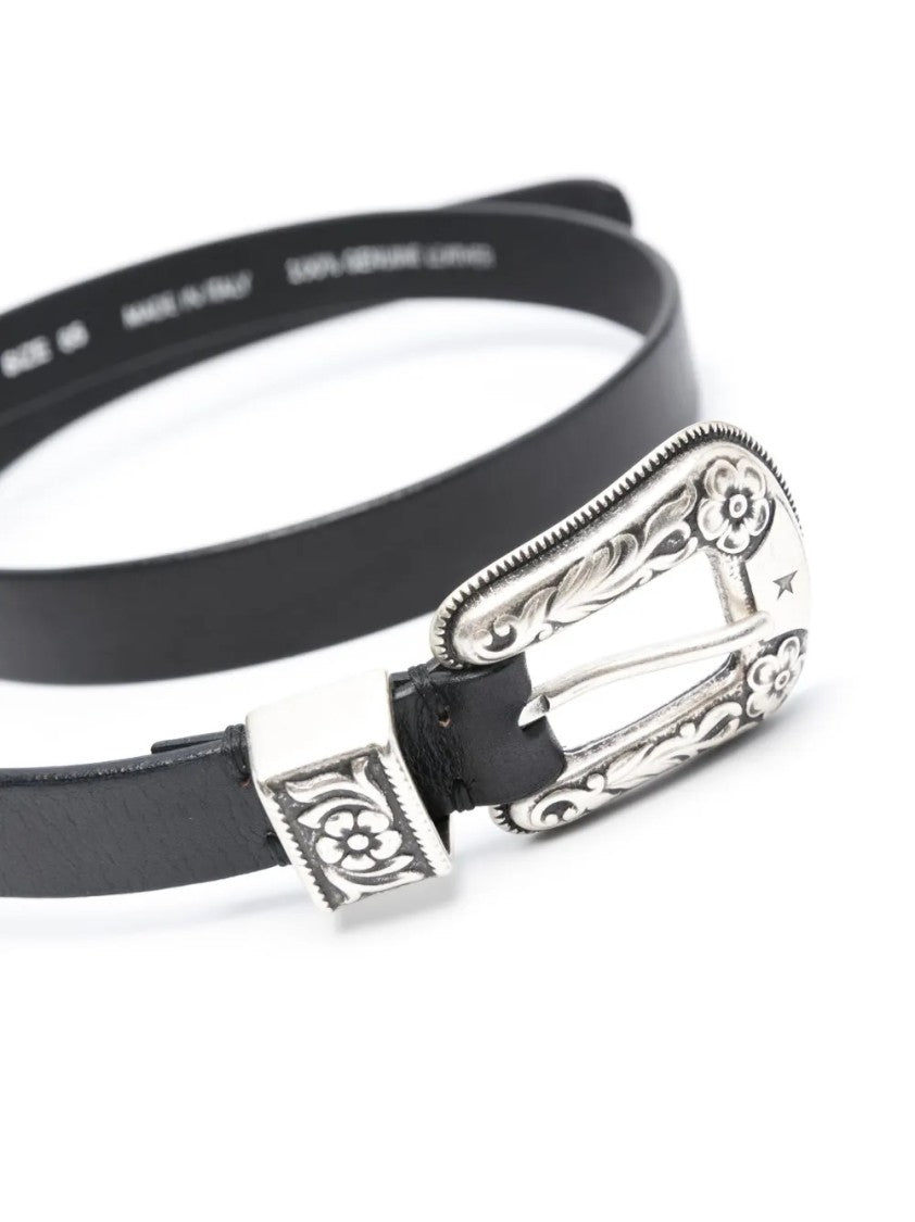 Golden Goose Black Cow Leather Belt With Intricate Silver Buckle