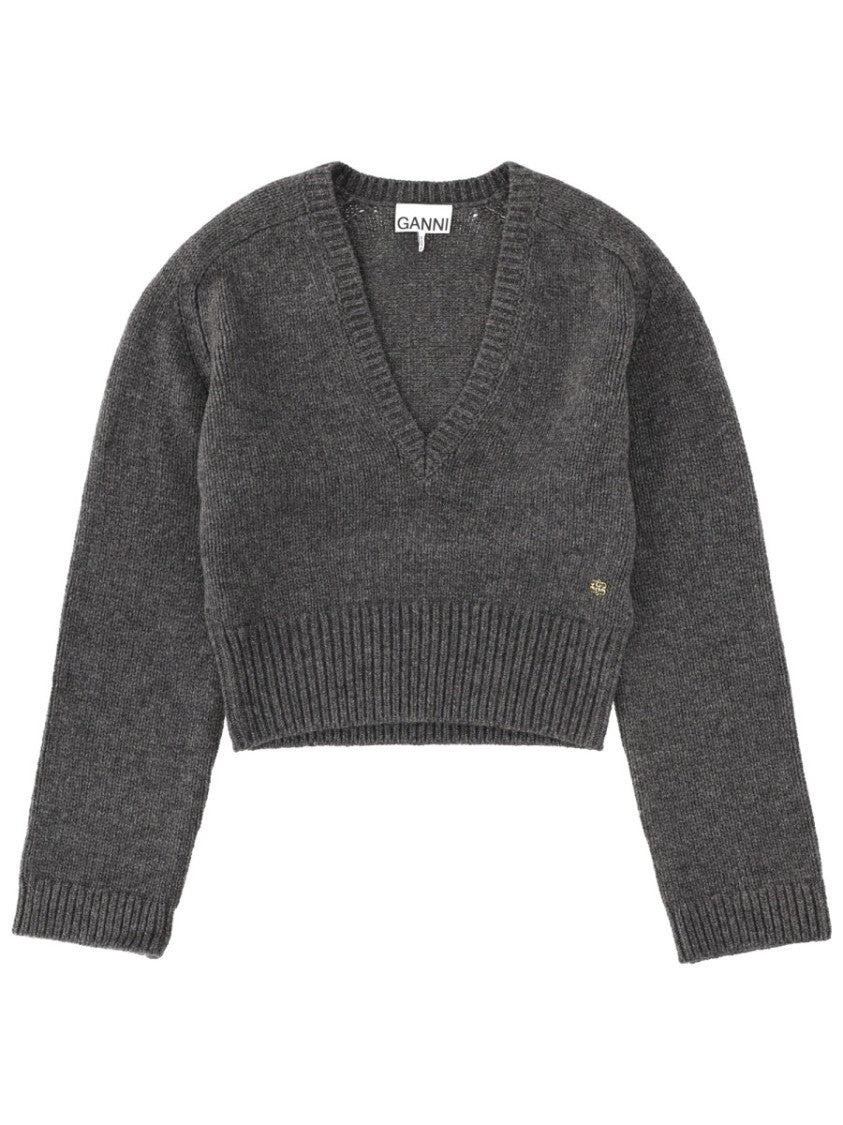 Ganni Charcoal Cropped V-Neck Sweater