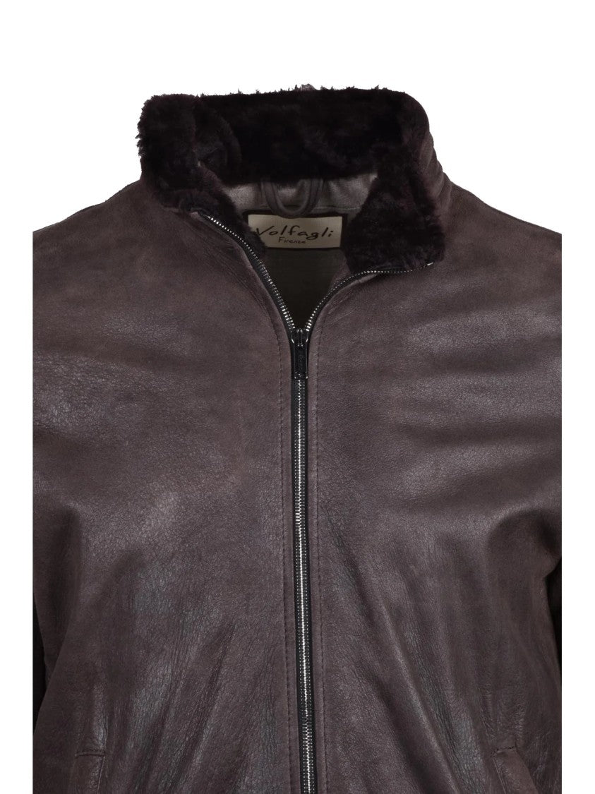 Volfagli Smooth Leather Brown Jacket With High Collar And Zip Closure