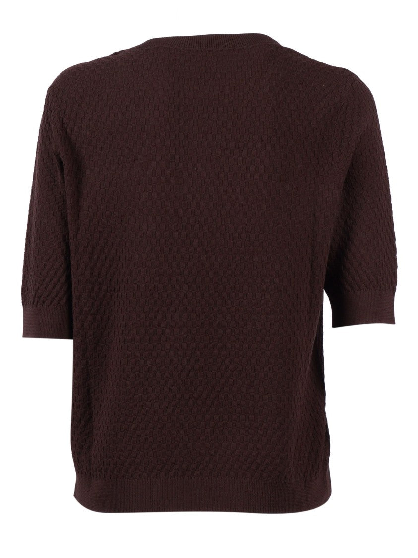 Kangra Cashmere Brown Short Sleeve Micro Check Top