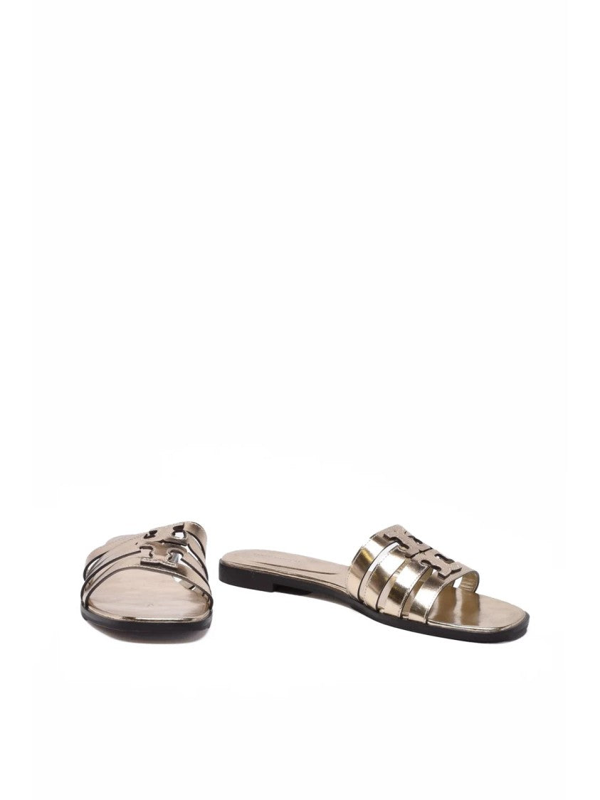 Tory Burch Gold Metallic Ines Cage Leather Slide Sandals
