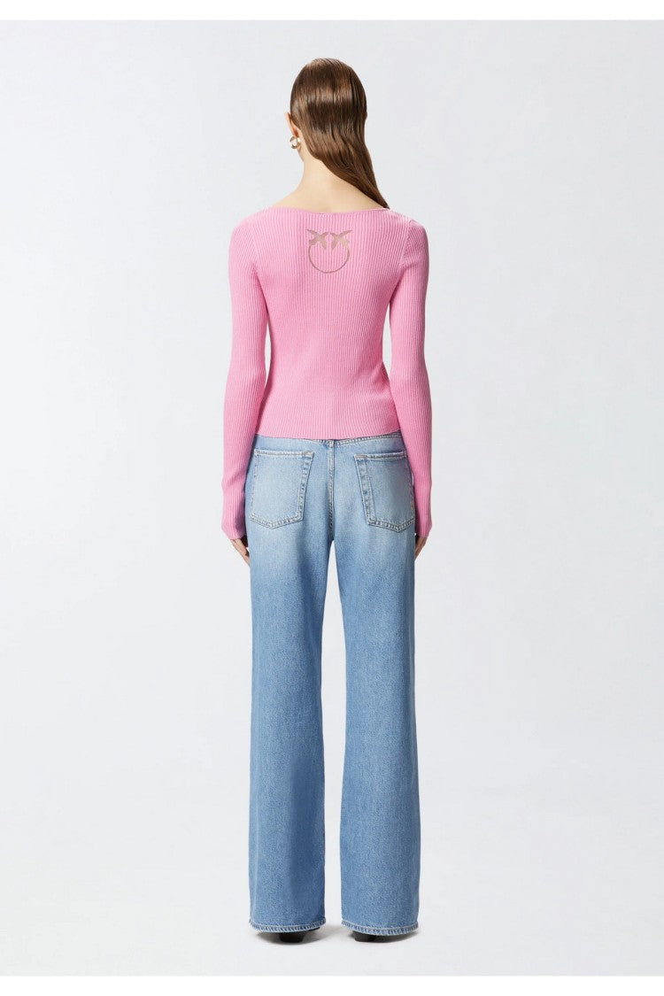 Pinko Pink Scooped Neckline Embroidered Love Birds Silk-Blend Cardigan