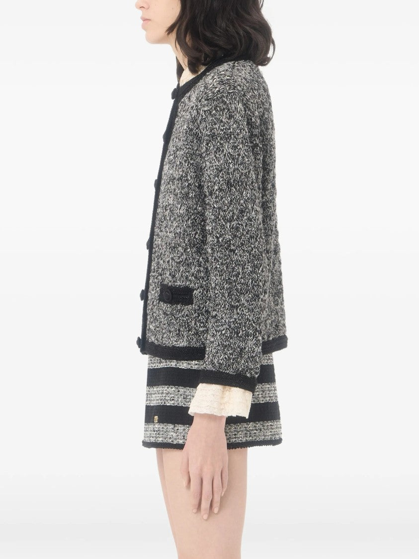 Valentino Textured Knit Jacket With Marled Pattern And Black Trim