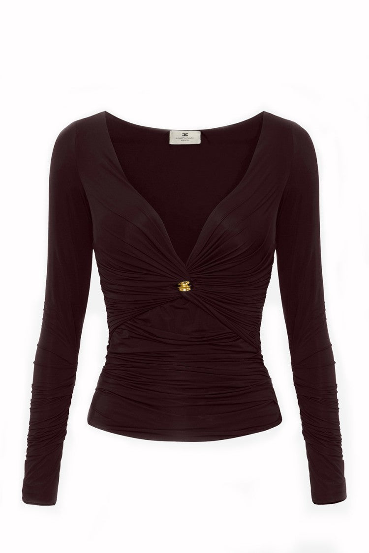 Elisabetta Franchi Brown V-Neck Ruched Wrap Ring Hardware Viscose-Blend Tank Top