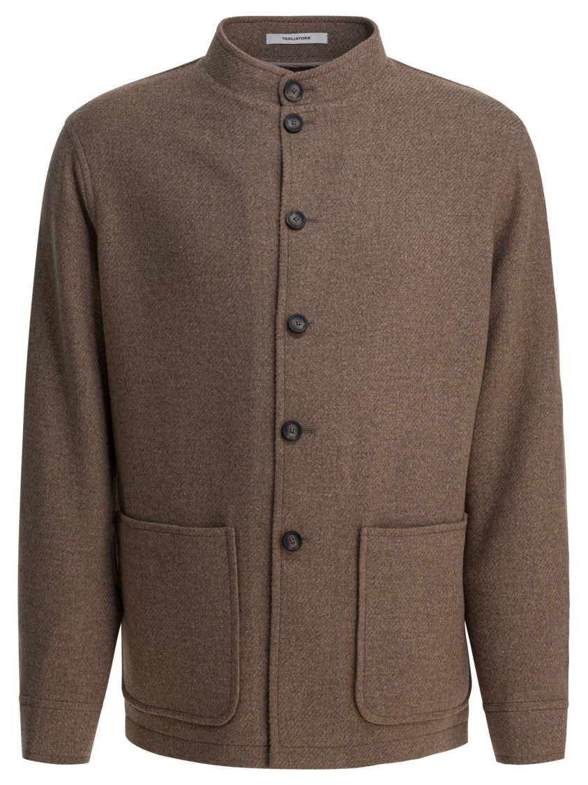 Tagliatore Brown Wool Blend Coat With Stand Collar