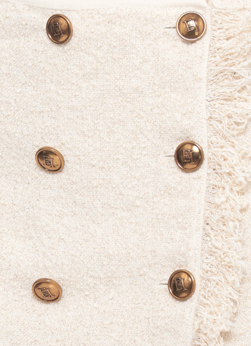 Elisabetta Franchi Beige Mini Skirt With Logo-Embossed Buttons And Fringed Hem