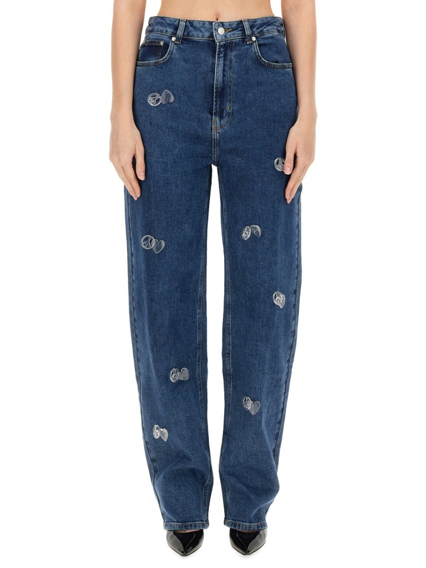 Moschino High-Waisted Denim Pants With Unique Embellishments