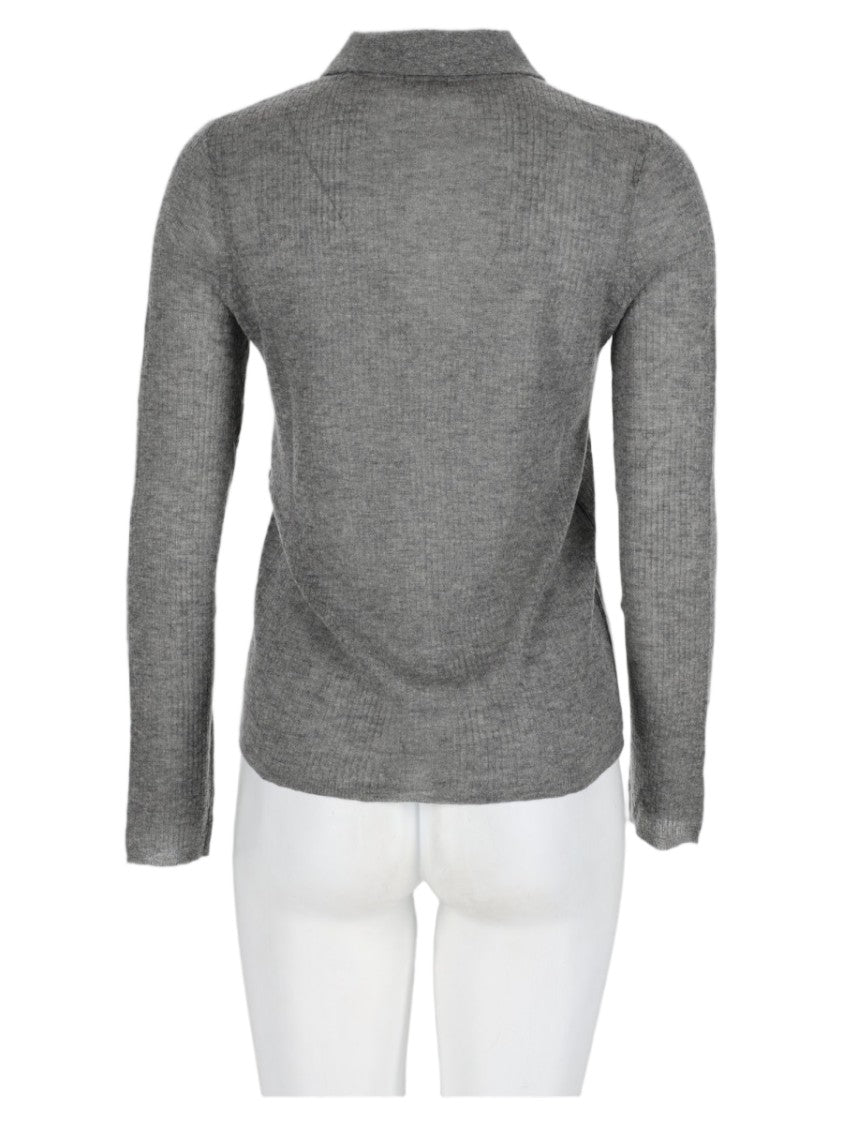 Aspesi Grey Ribbed Knit Wool-Blend Polo Sweater