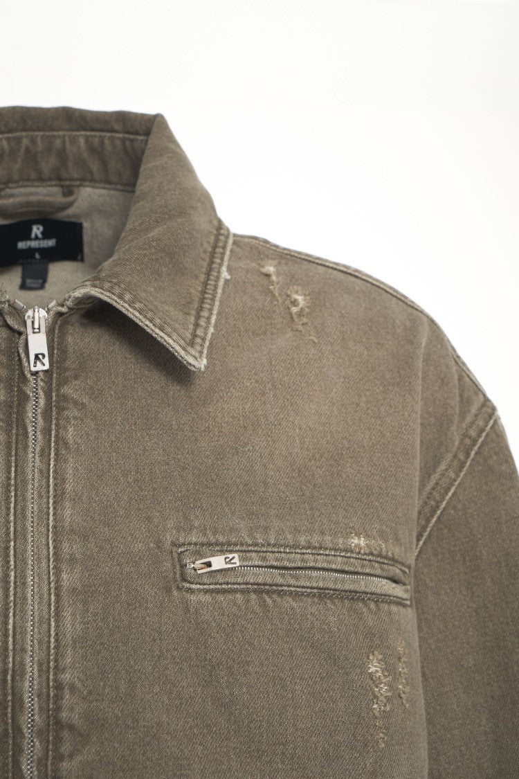 Represent Boxy Fit Distressed Denim Jacket With Zip Detail