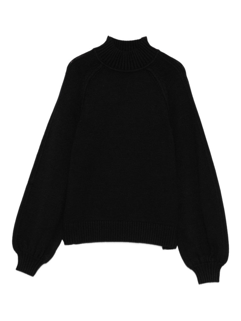 Twinset U&B High Ribbed Neckline Black Sweater With Voluminous Sleeves