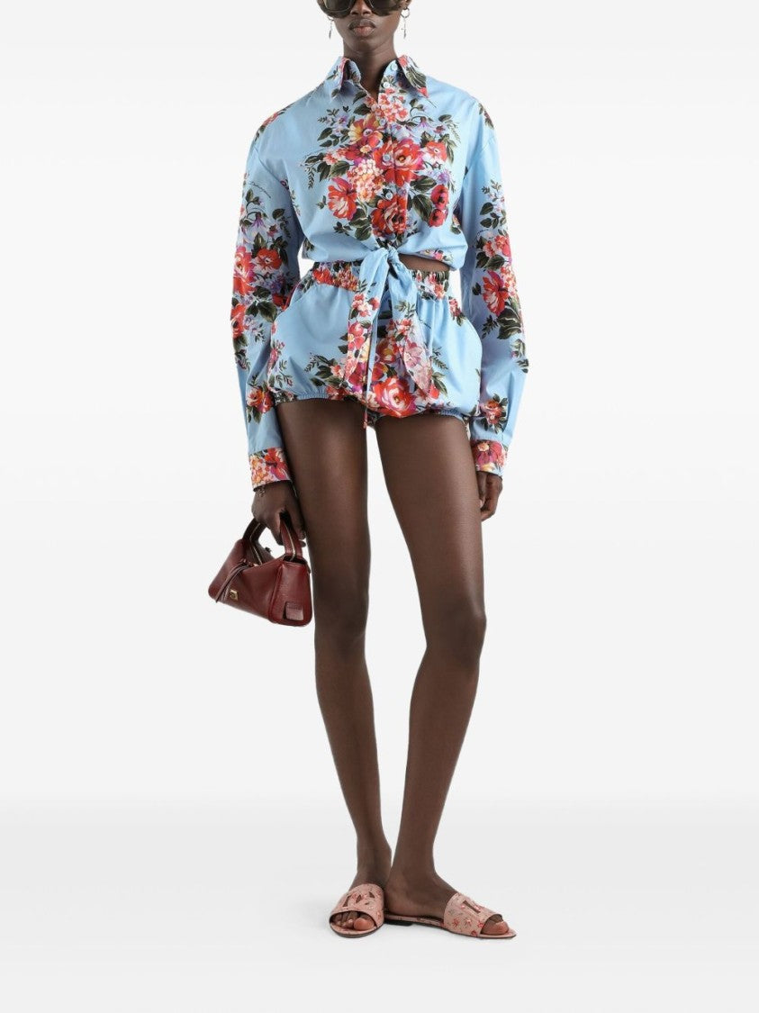 Dolce & Gabbana Floral Print Light Blue Cropped Shirt With Tie Detail