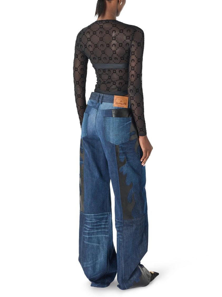 Marine Serre Flocked Mesh Long-Sleeve Bodysuit With Bustier Panel