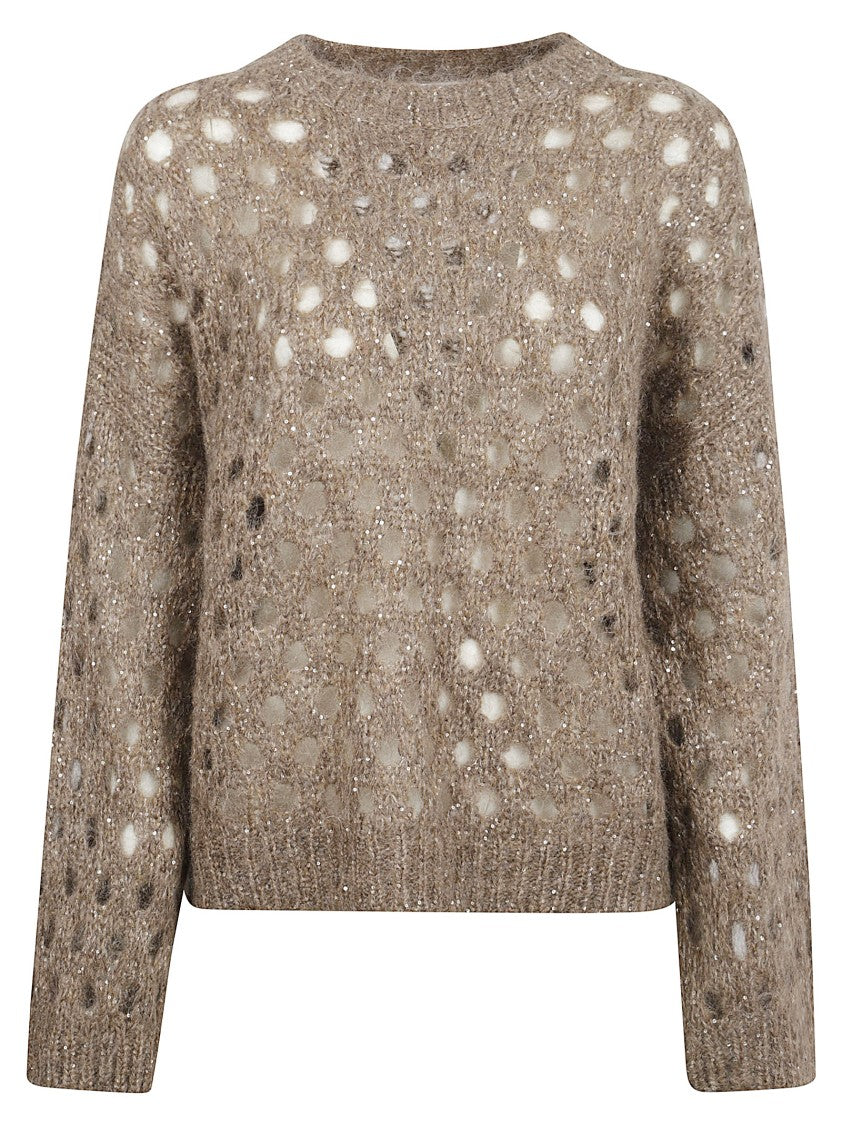 Brunello Cucinelli Openwork Beige Mohair Sweater With Round Collar