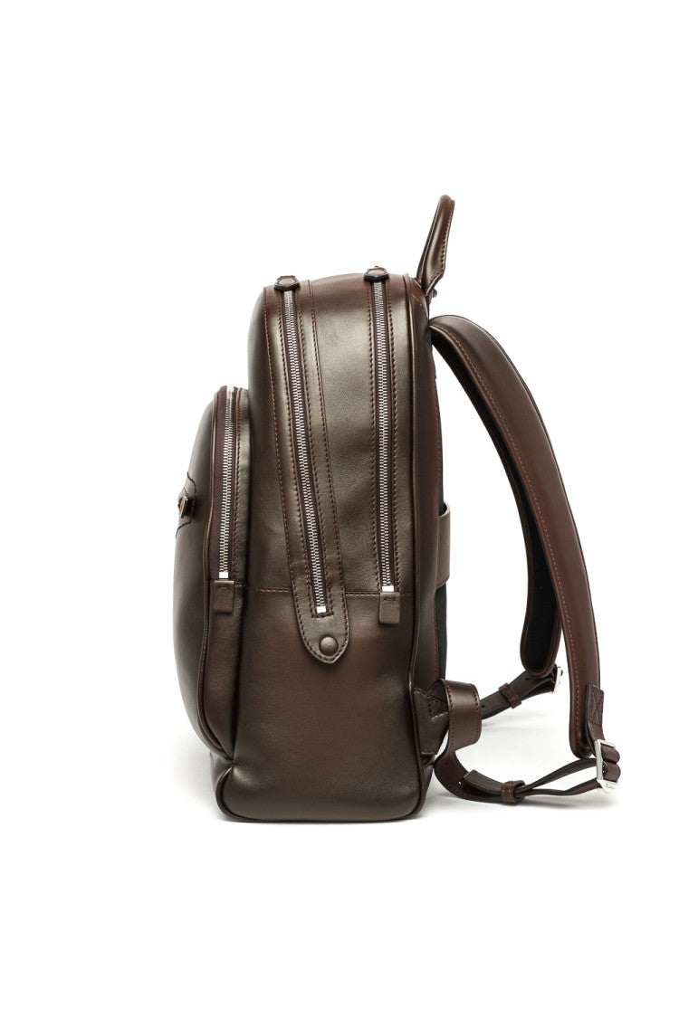 Santoni Artisanal Brown Leather Backpack With Dual Compartments