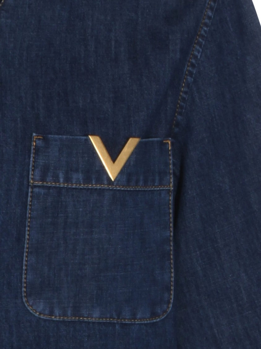 Valentino Blue Boxy Metallic-V Detail Denim Top