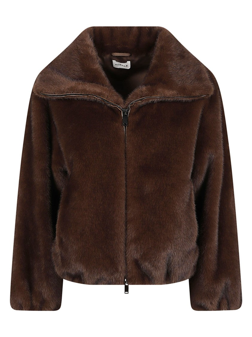 P.A.R.O.S.H. Cropped Faux Fur Jacket With Wide Collar And Gathered Hem