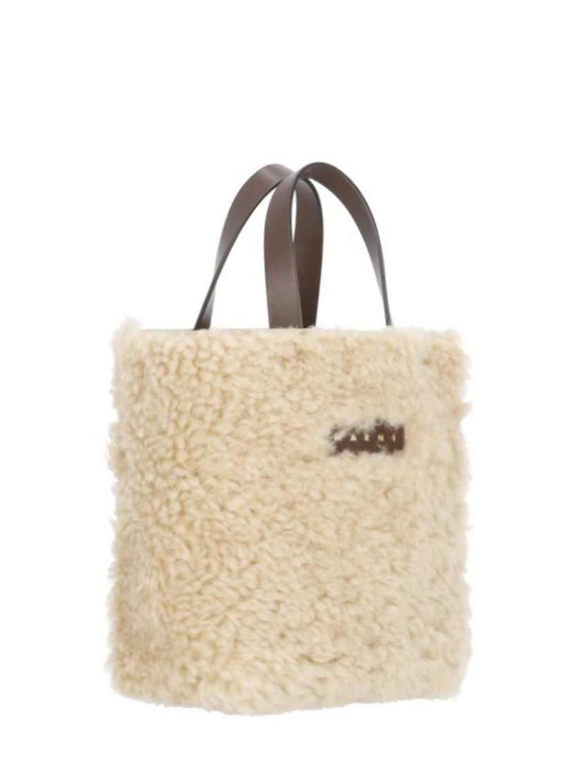 Marni Brown Fur-Blend Logo Handbag