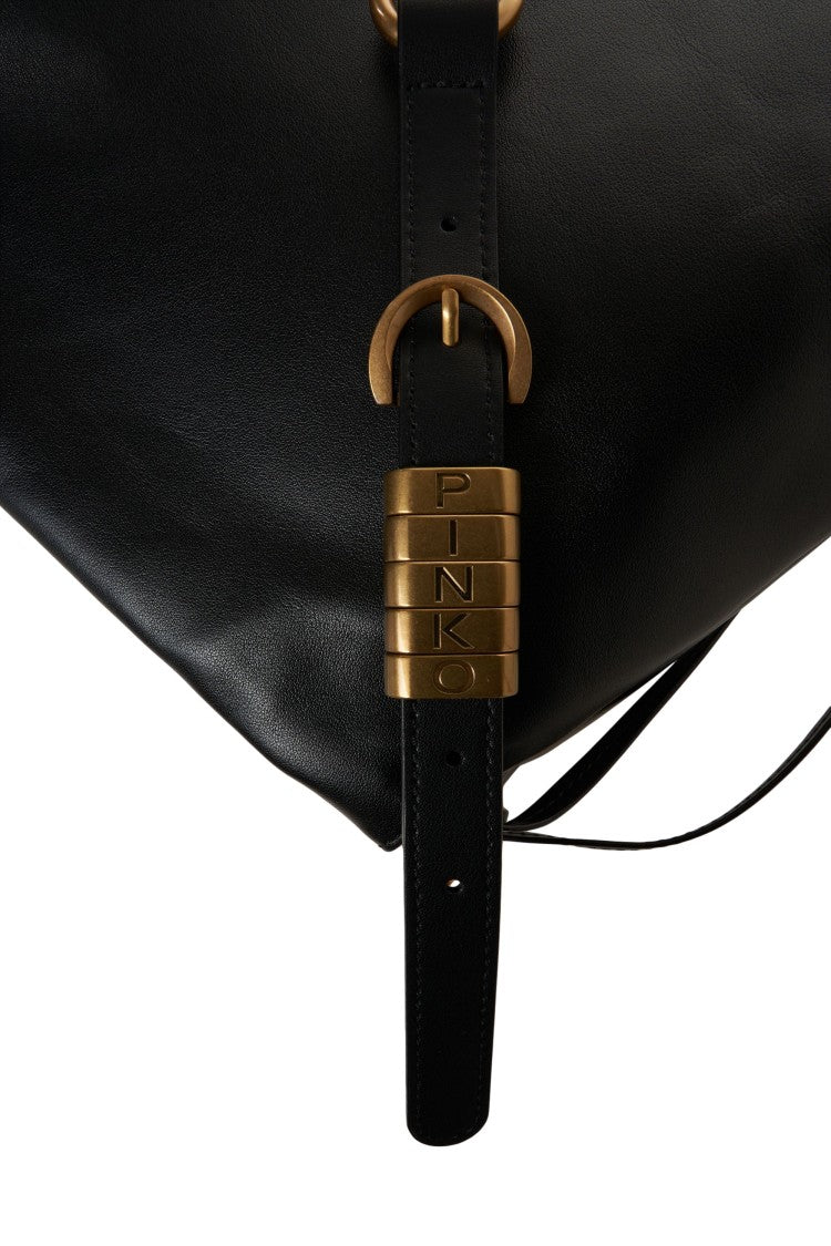 Pinko Structured Black Leather Shoulder Bag With Woven Strap